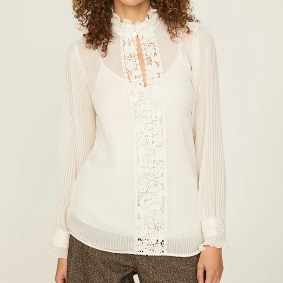 Polo by Ralph Lauren Cream Lace Trim Chiffon Blouse Size Small - Picture 1 of 10